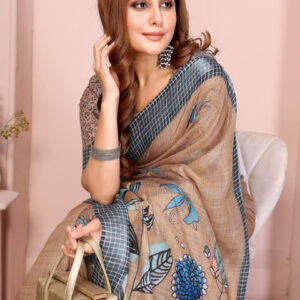 Mameraa Floral Printed Checked Border Saree - Image 5
