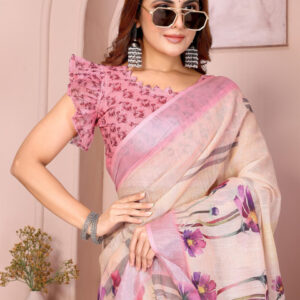 Mameraa Floral Printed Solid Border Saree - Image 2