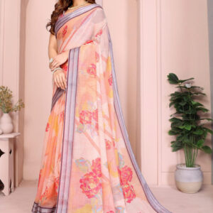 Mameraa Floral Printed Striped Border Saree With Blouse Piece - Image 2