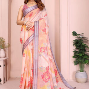 Mameraa Floral Printed Striped Border Saree With Blouse Piece - Image 1