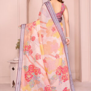 Mameraa Floral Printed Striped Border Saree With Blouse Piece - Image 3