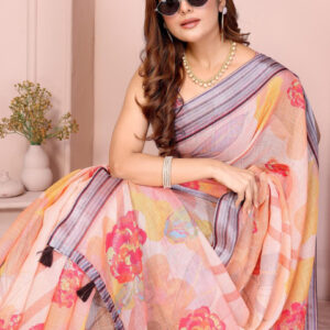 Mameraa Floral Printed Striped Border Saree With Blouse Piece - Image 4