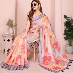 Mameraa Floral Printed Striped Border Saree With Blouse Piece - Image 5