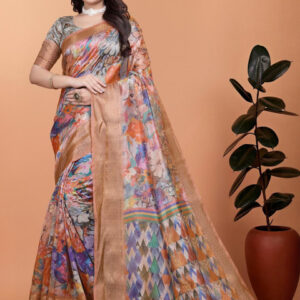 Mameraa Floral Printed Woven Design Zari Saree - Image 1