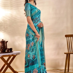 Mameraa Floral Printed Woven Design Zari Saree - Image 3
