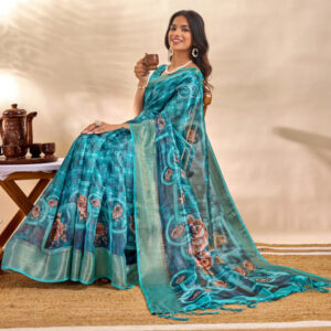 Mameraa Floral Printed Woven Design Zari Saree - Image 5