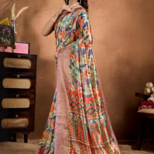 Mameraa Floral Printed Woven Design Zari Saree - Image 3