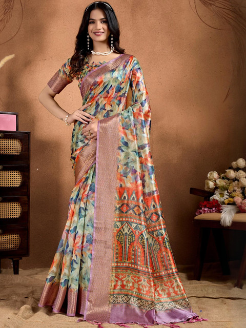 Mameraa Floral Printed Woven Design Zari Saree