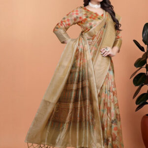 Mameraa Floral Printed Woven Design Zari Saree - Image 3