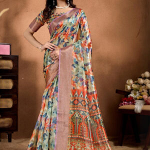 Mameraa Floral Printed Woven Design Zari Saree - Image 1