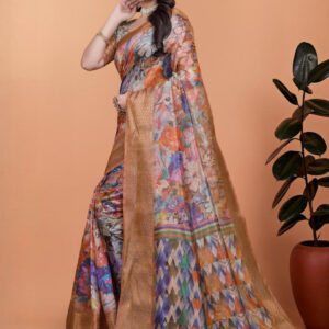 Mameraa Floral Printed Woven Design Zari Saree - Image 3