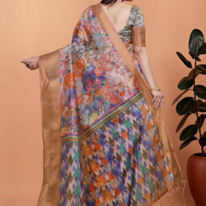 Mameraa Floral Printed Woven Design Zari Saree - Image 4