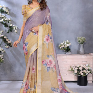 Mameraa Floral Printed Zari Saree - Image 1