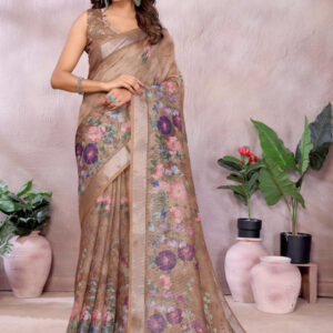Mameraa Floral Printed Zari Saree - Image 1