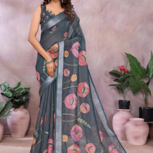 Mameraa Floral Printed Zari Saree - Image 1