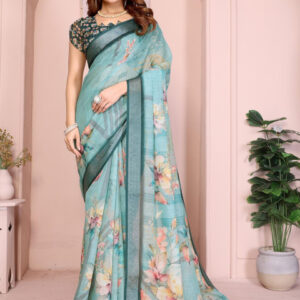 Mameraa Floral Printed Zari Saree - Image 1