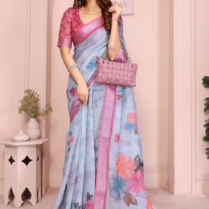 Mameraa Floral Printed Zari Saree - Image 1