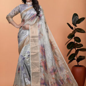 Mameraa Floral Printed Zari Saree - Image 1