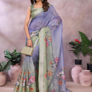 Mameraa Floral Printed Zari Saree - Image 1