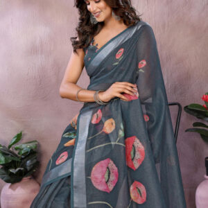 Mameraa Floral Printed Zari Saree - Image 2