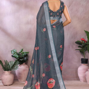 Mameraa Floral Printed Zari Saree - Image 4