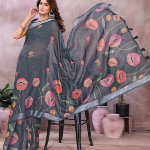 Mameraa Floral Printed Zari Saree - Image 5