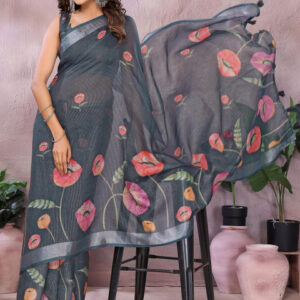 Mameraa Floral Printed Zari Saree - Image 6