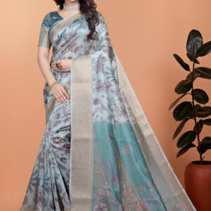 Mameraa Floral Printed Zari Saree With Blouse Piece - Image 1