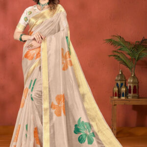 Mameraa Floral Printed Zari Saree With Blouse Piece - Image 1