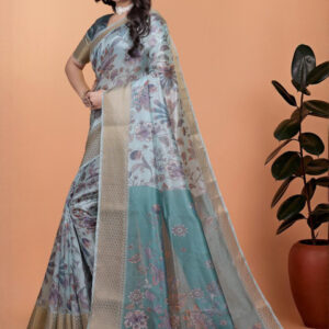Mameraa Floral Printed Zari Saree With Blouse Piece - Image 3