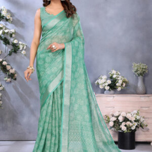 Mameraa Floral Printed Zari Saree With Unstitched Blouse - Image 1