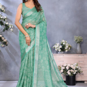 Mameraa Floral Printed Zari Saree With Unstitched Blouse - Image 4