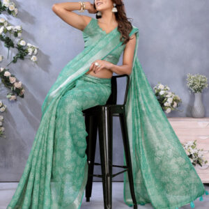 Mameraa Floral Printed Zari Saree With Unstitched Blouse - Image 5