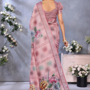 Mameraa Floral Printed Zari Saree With Unstitched Blouse - Image 3