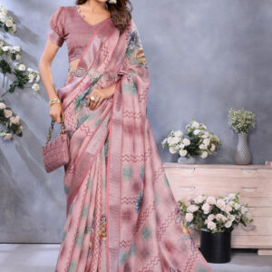 Mameraa Floral Printed Zari Saree With Unstitched Blouse - Image 4