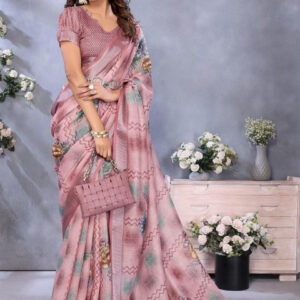 Mameraa Floral Printed Zari Saree With Unstitched Blouse - Image 5