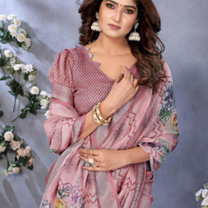 Mameraa Floral Printed Zari Saree With Unstitched Blouse - Image 6