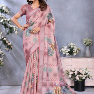 Mameraa Floral Printed Zari Saree With Unstitched Blouse - Image 1