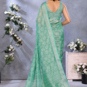 Mameraa Floral Printed Zari Saree With Unstitched Blouse - Image 3