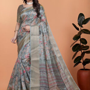Mameraa Floral Printed Zari Saree with Woven Design Border - Image 1