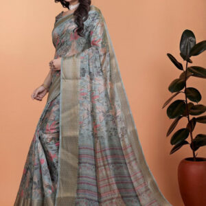 Mameraa Floral Printed Zari Saree with Woven Design Border - Image 2