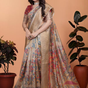Mameraa Kalamkari Printed Zari Saree - Image 1