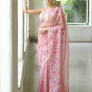 Mameraa Floral Embroidered Saree With Unstitched Blouse Piece - Image 3