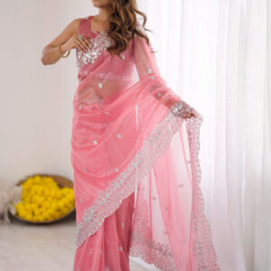 Mameraa Floral Embroidered Sequinned Saree With Unstitched Blouse Piece - Image 2