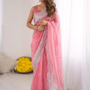 Mameraa Floral Embroidered Sequinned Saree With Unstitched Blouse Piece - Image 6