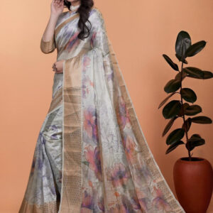Mameraa Floral Printed Zari Saree - Image 3