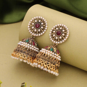 Mameraa Gold Plated Artificial Stones Studded And Beaded Dome Shaped Jhumkas - Image 3