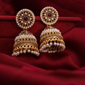Mameraa Gold Plated Artificial Stones Studded And Beaded Dome Shaped Jhumkas - Image 4