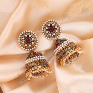 Mameraa Gold Plated Artificial Stones Studded And Beaded Dome Shaped Jhumkas - Image 5