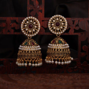 Mameraa Gold Plated Artificial Stones Studded And Beaded Dome Shaped Jhumkas - Image 2